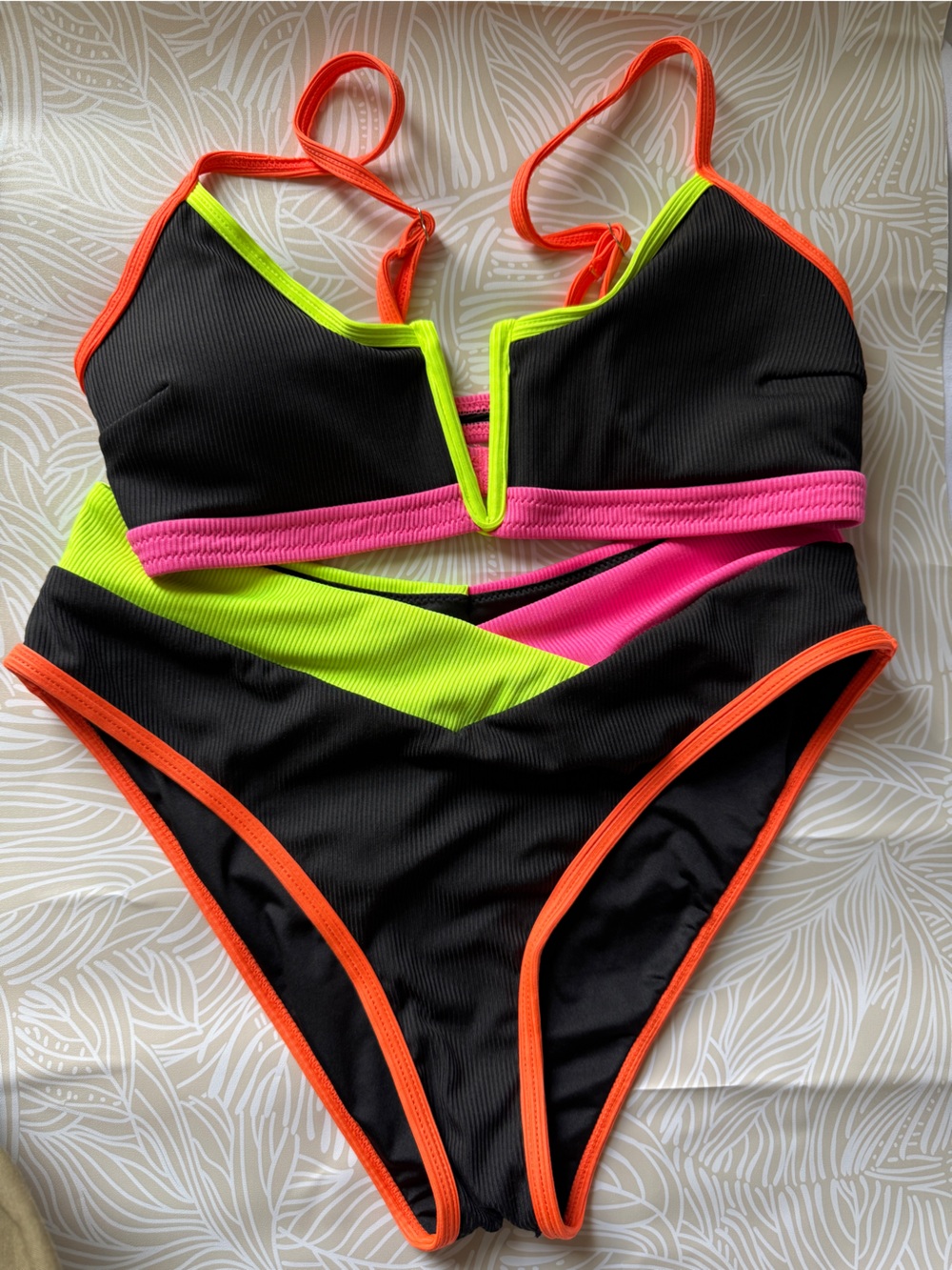 Popvil Bikini Set Women’s Medium M Black Neon Colorblock Ribbed High Waist